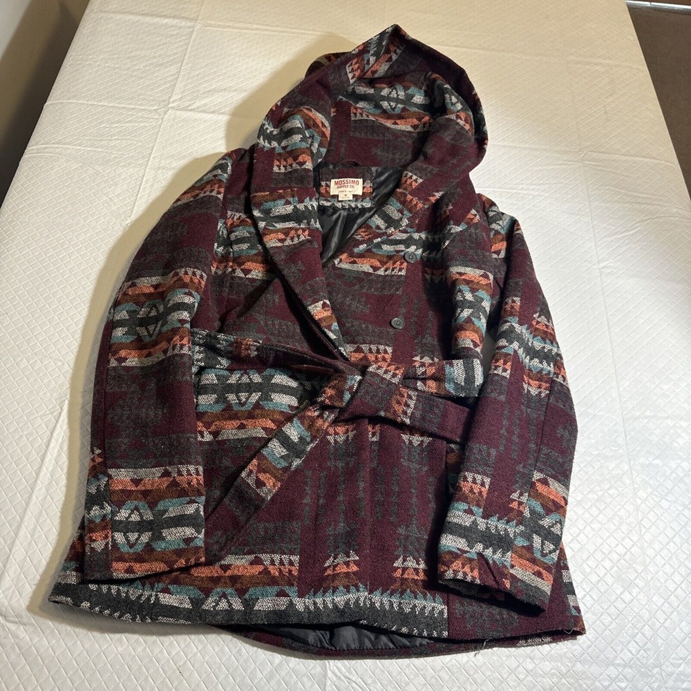 Mossimo Supply Co Jacket Women's M Hooded Tribal Aztec Coat‎ Wool Blend Red Belt